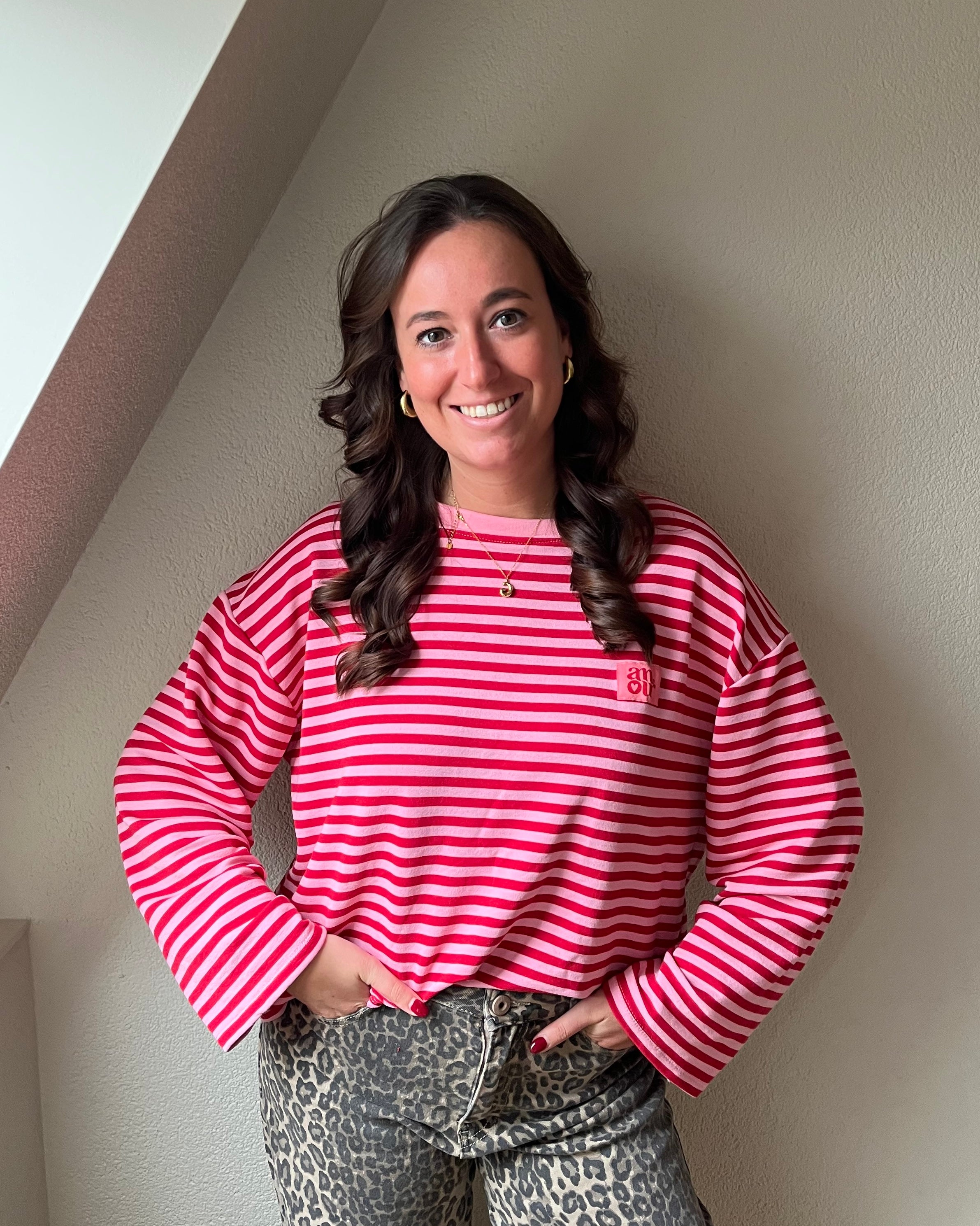 Gestreepte longsleeve Amour - roze/rood