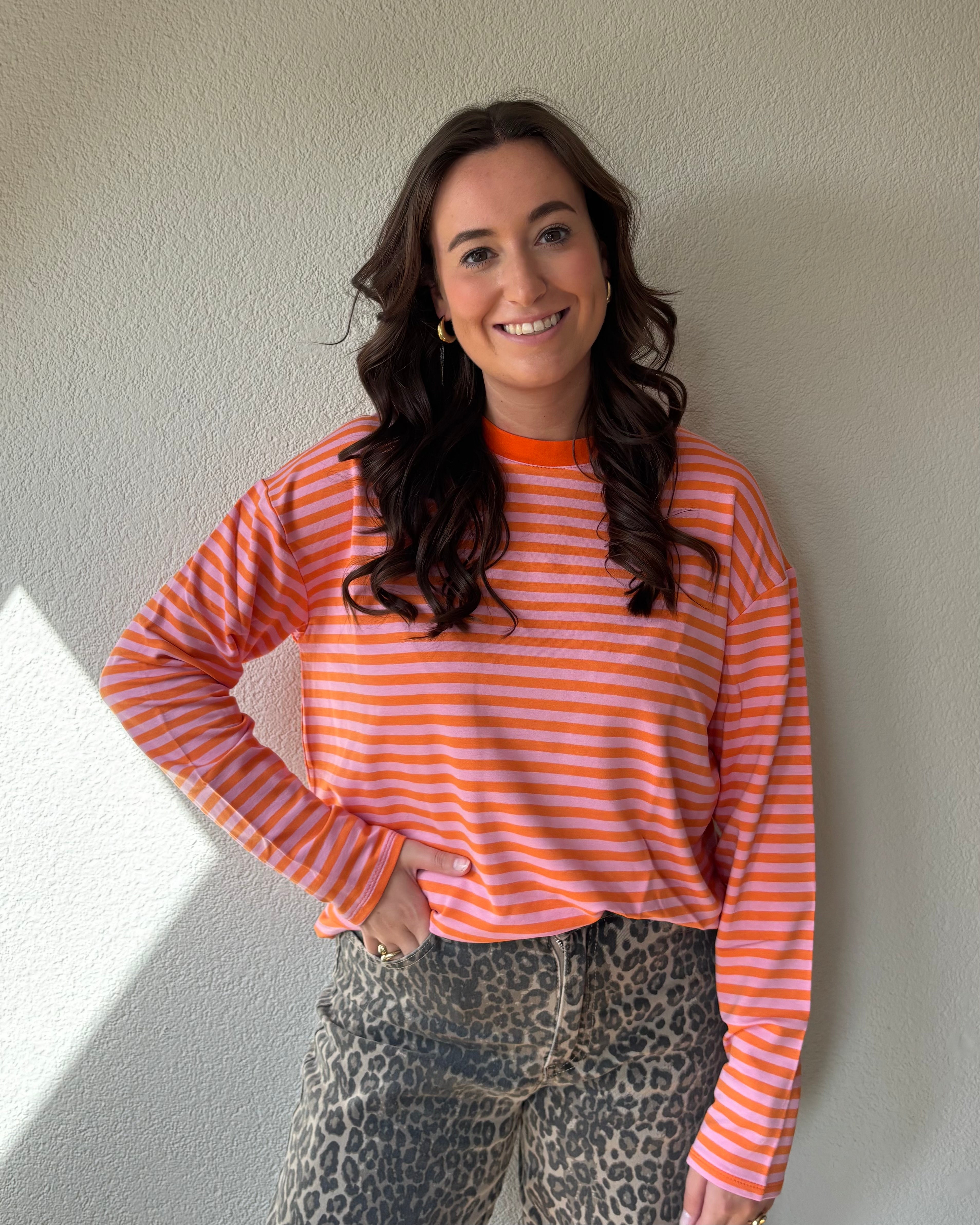 Gestreepte longsleeve - oranje/roze