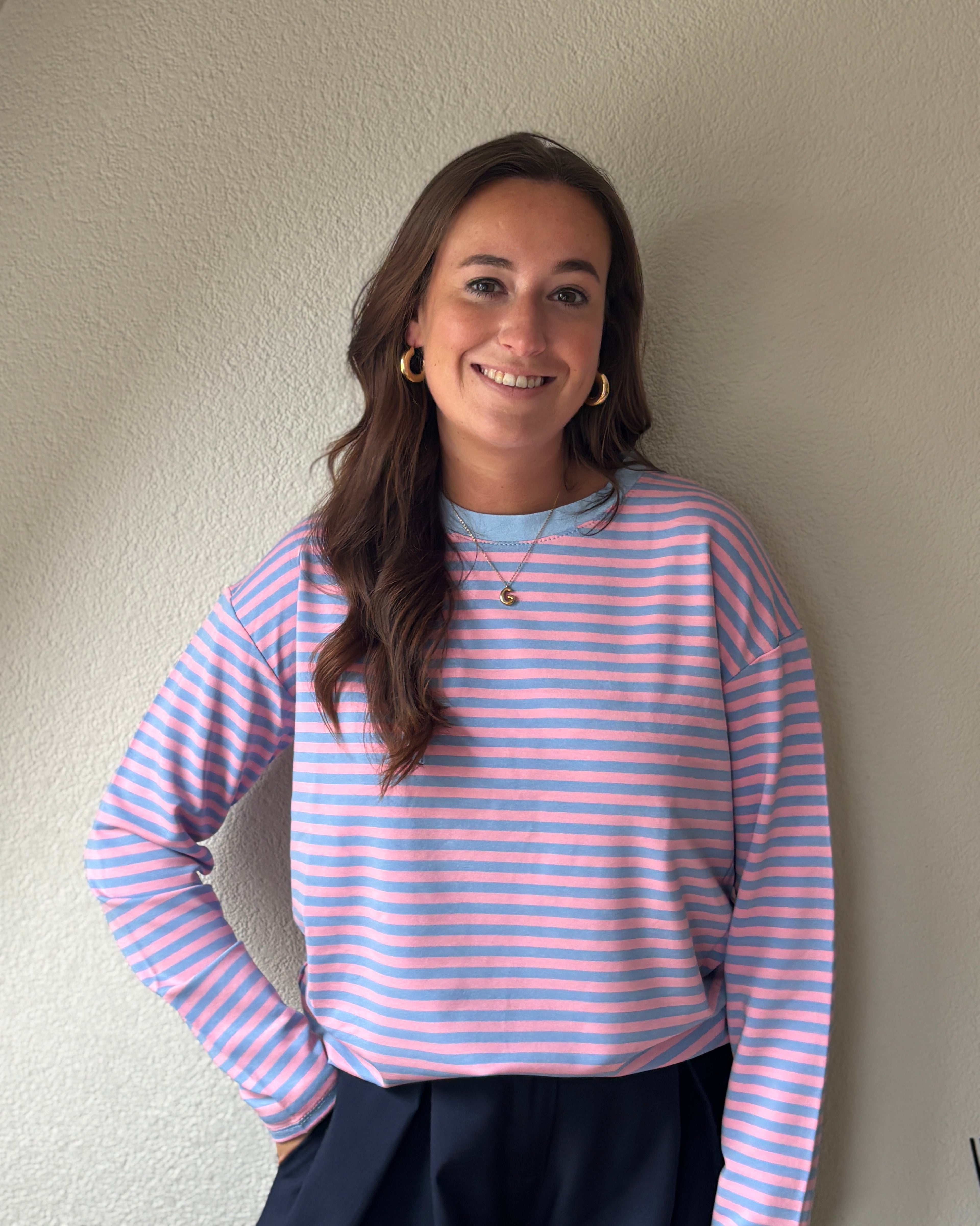 Gestreepte longsleeve - blauw/roze