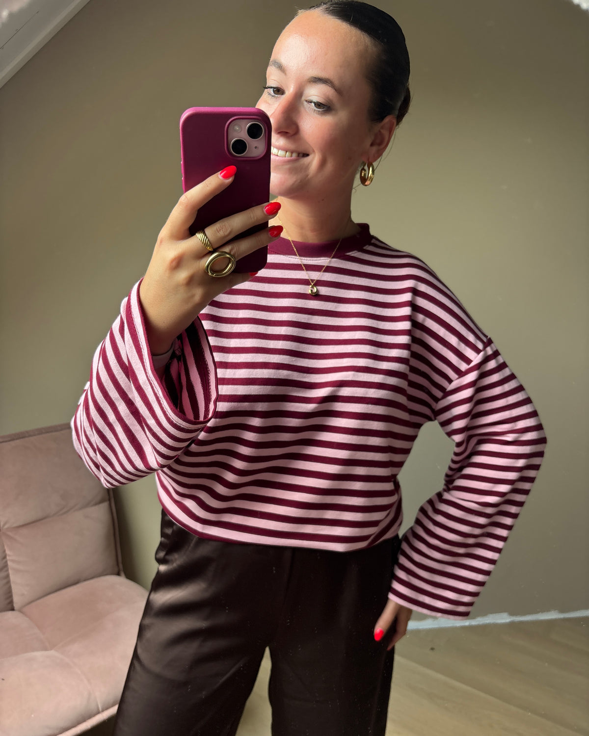 Gestreepte longsleeve - bordeaux/roze