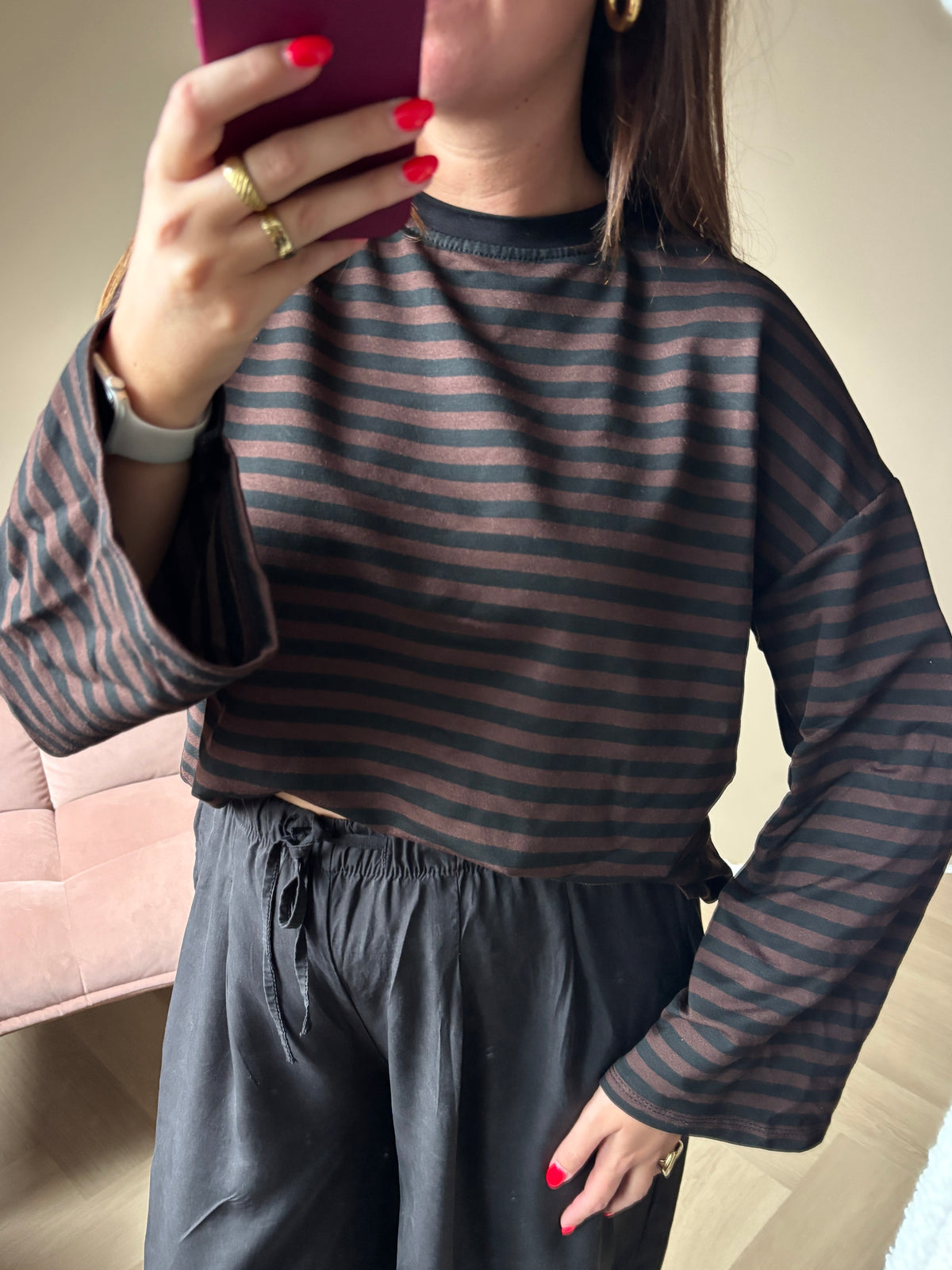 Gestreepte longsleeve - donkerbruin/zwart