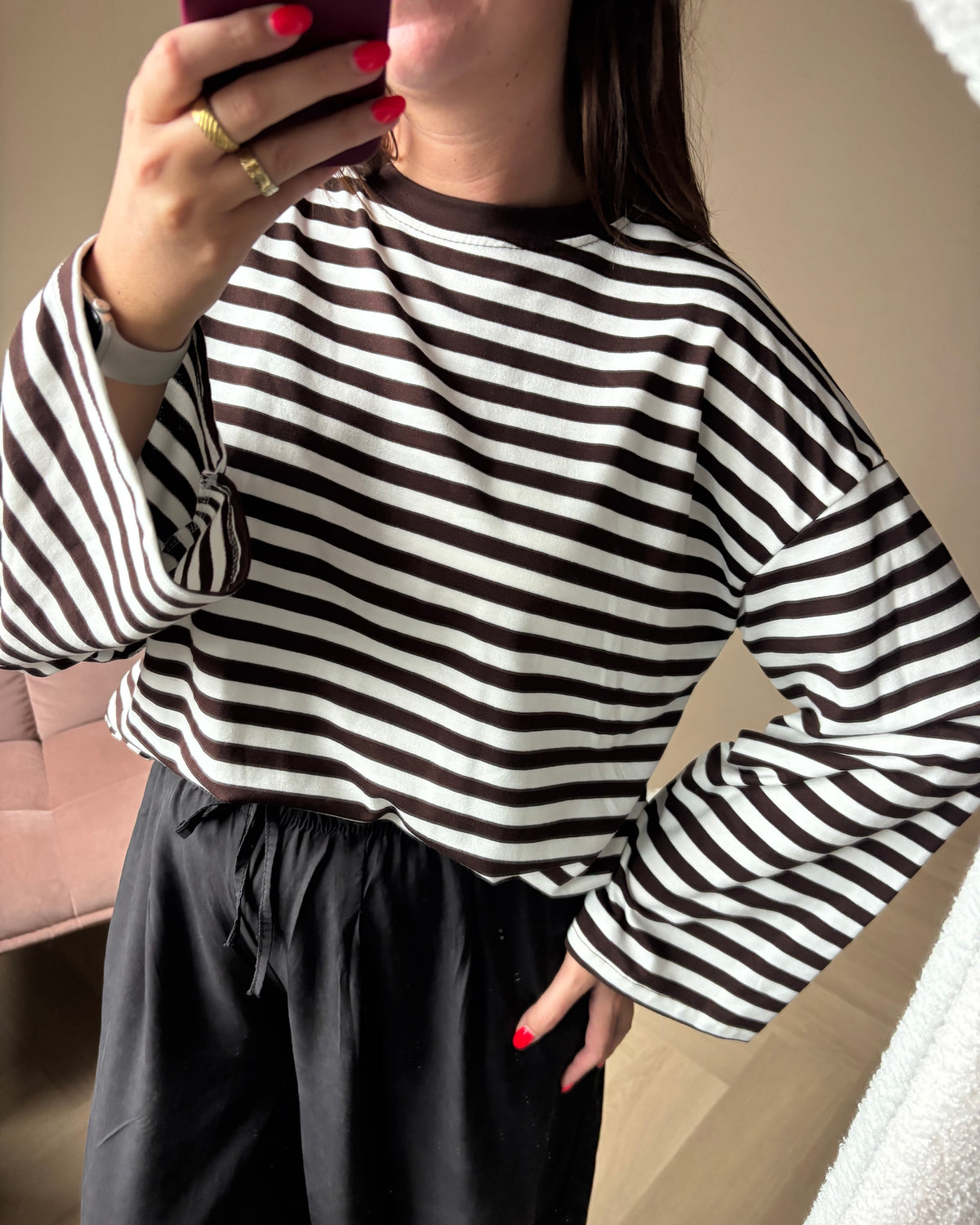 Gestreepte longsleeve - bruin/offwhite