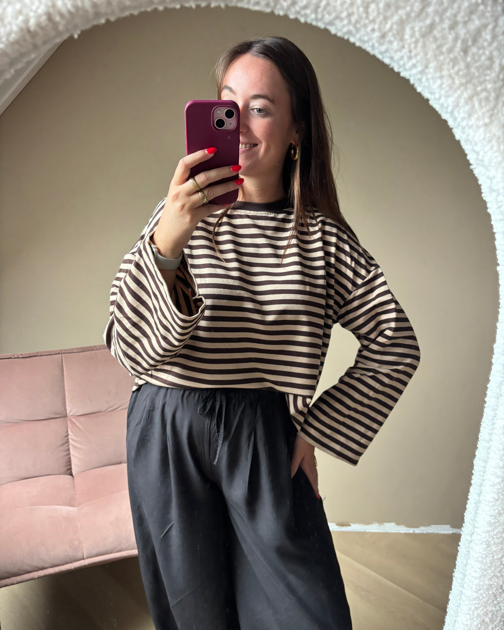 Gestreepte longsleeve - bruin/beige