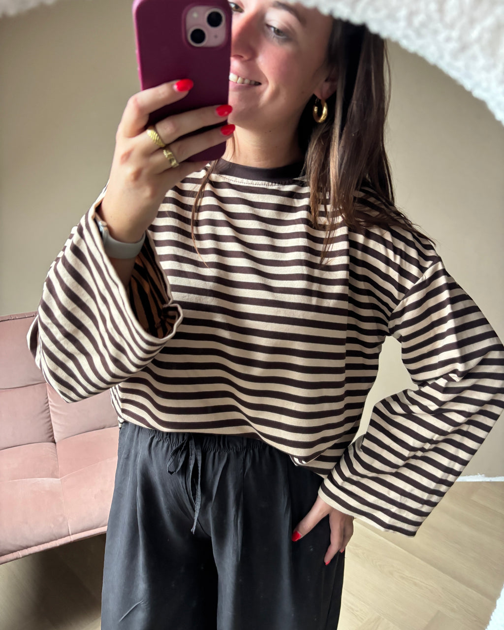Gestreepte longsleeve - bruin/beige