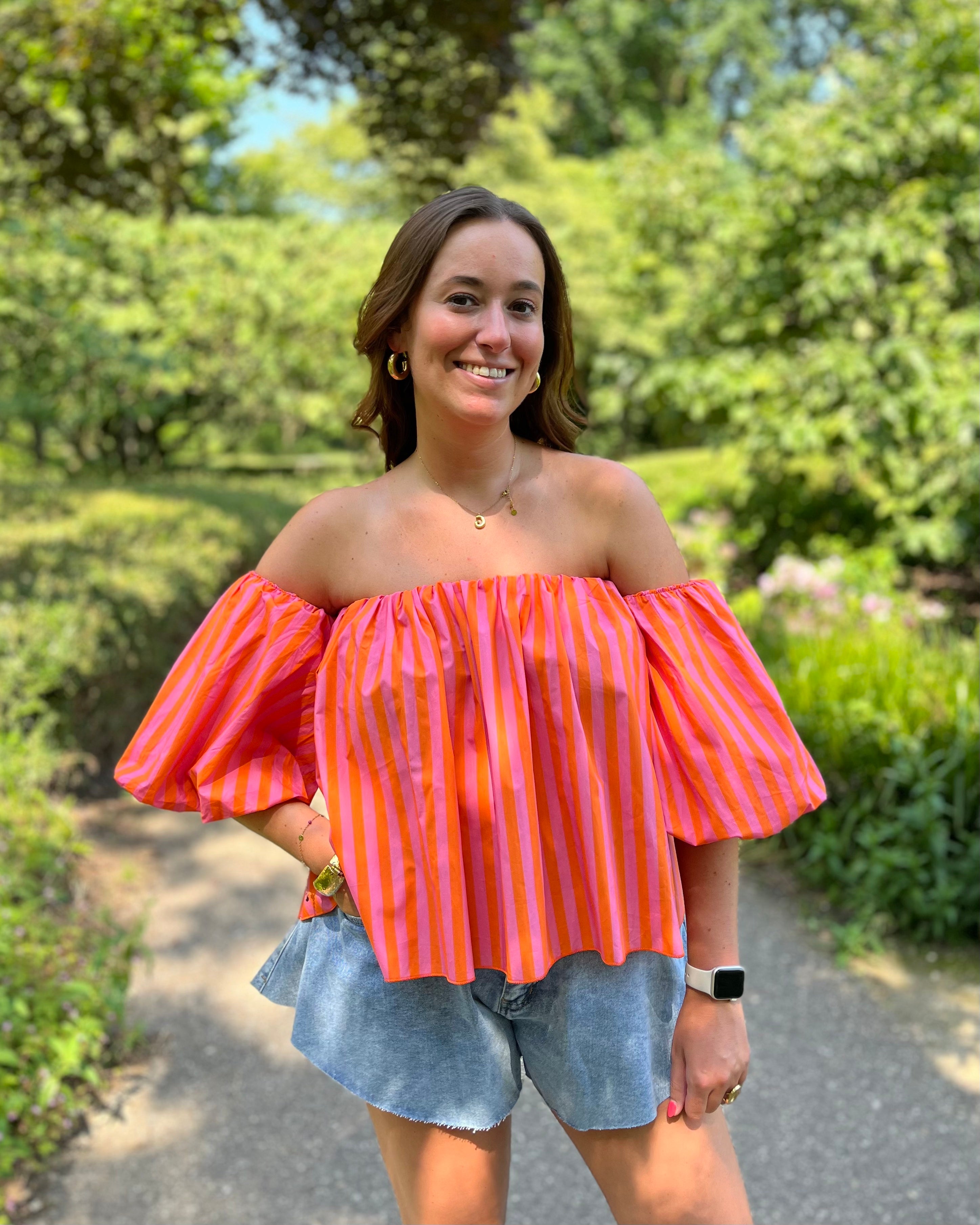 Vive top - roze/oranje gestreept